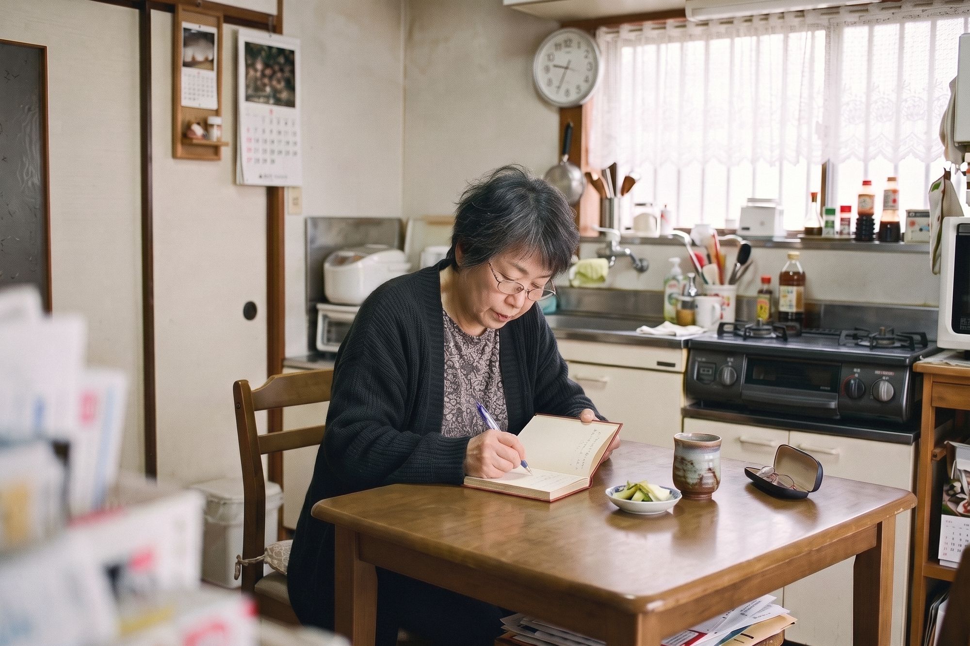 朝、台所のテーブルで蘇芳色の本に書き込むお母さん