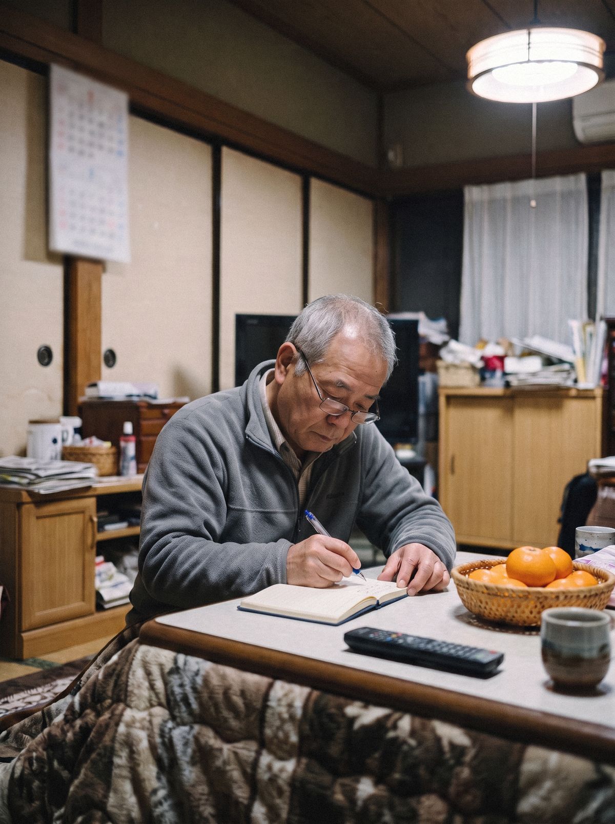 夜、こたつで紺色の本に書き込むお父さん