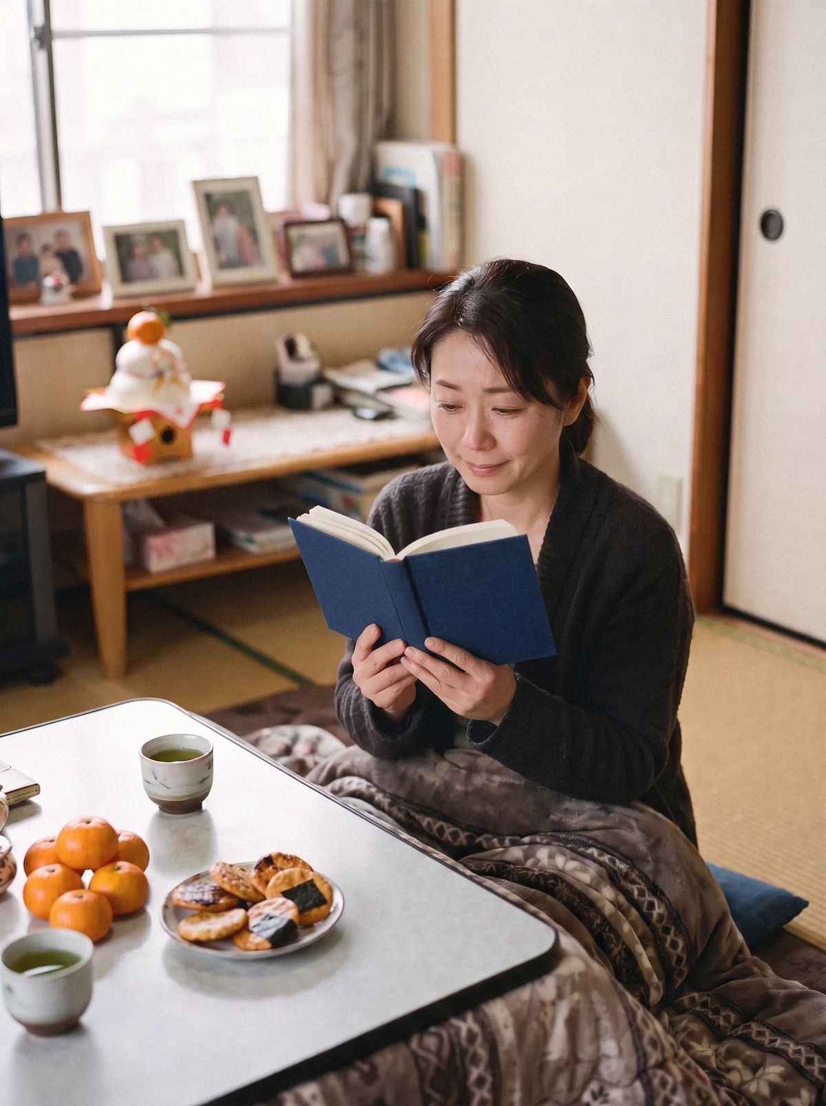 お正月、こたつで紺色の本を読む娘。棚に鏡もちが飾ってある